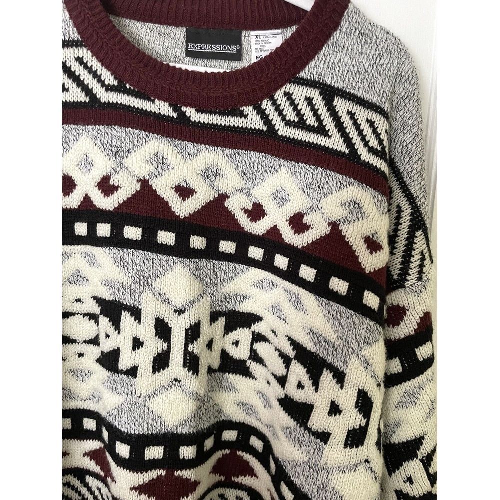 Expressions Men's Geometric Crewneck Sweater - Maroon, Black & Cream